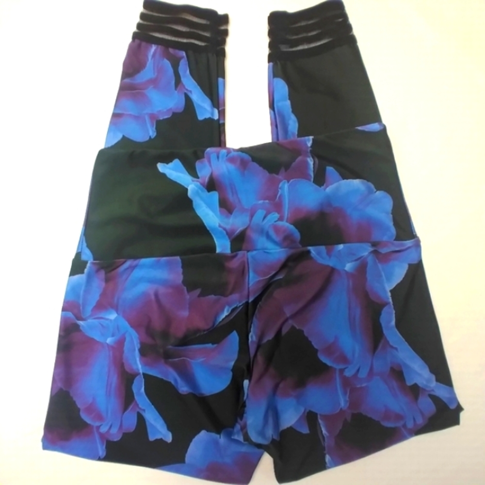 Onzie Flow Floral Print Hi Waist Leggings w Mesh/Velvet Striped Cuffs M/L